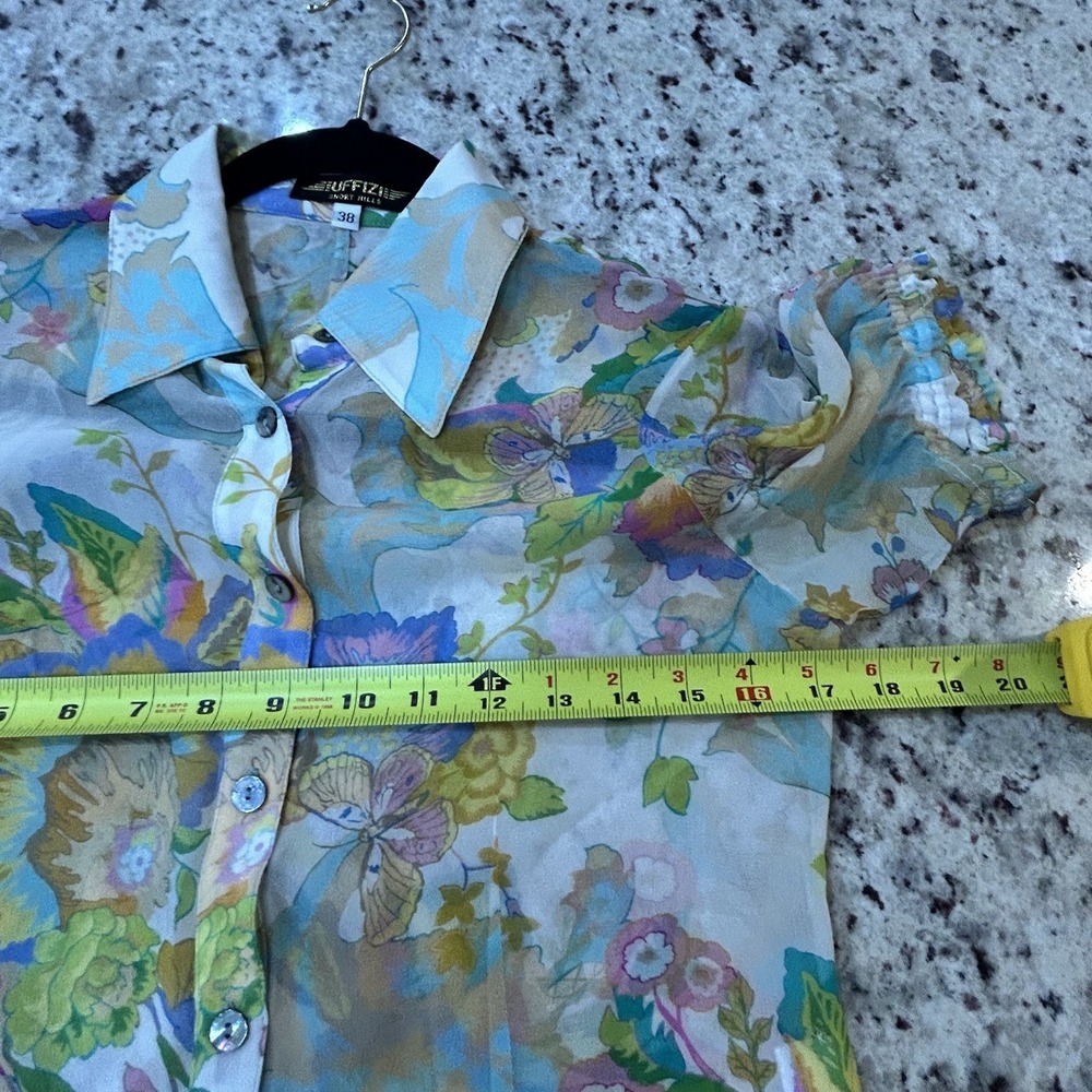 100% Silk Sheer Floral Ruffle Short Sleeve Top Blouse Pastel Multicolor Button S - Picture 7 of 9
